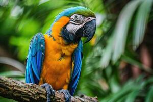 A playful parrot perched on a branch looks at the camera. photo