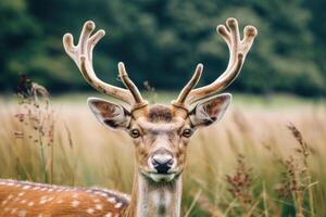 A deer with large antlers gazes into the camera. photo
