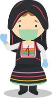 Character from Cyprus dressed in the traditional way and with surgical mask and latex gloves as protection against a health emergency vector