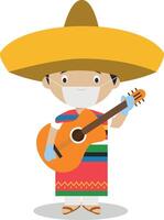 Character from Mexico dressed in the traditional way with guitar and with surgical mask and latex gloves as protection against a health emergency vector