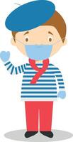 Character from France dressed in the traditional way and with surgical mask and latex gloves as protection against a health emergency vector