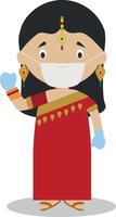 Indian girl dressed in the traditional way with sari and with surgical mask and latex gloves as protection against a health emergency vector