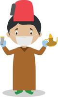 Character from Morocco dressed in the traditional way with a tea set and with surgical mask and latex gloves as protection against a health emergency vector