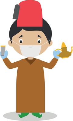 Character from Morocco dressed in the traditional way with a tea set and with surgical mask and latex gloves as protection against a health emergency