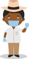 Character from Cuba dressed in the traditional way with a Panama hat and with surgical mask and latex gloves as protection against a health emergency vector