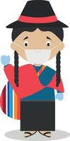 Character from Ecuador dressed in the traditional way and with surgical mask and latex gloves as protection against a health emergency vector