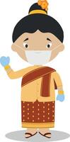 Character from Laos dressed in the traditional way and with surgical mask and latex gloves as protection against a health emergency vector