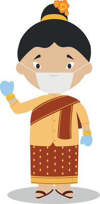 Character from Laos dressed in the traditional way and with surgical mask and latex gloves as protection against a health emergency
