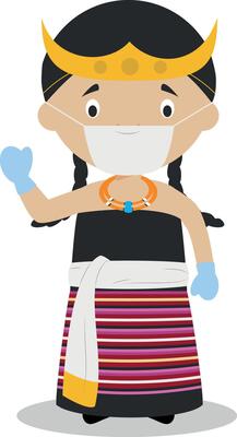 Character from East Timor dressed in the traditional way and with surgical mask and latex gloves as protection against a health emergency