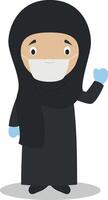 Woman character from Iran dressed in the traditional way with chador and with surgical mask and latex gloves as protection against a health emergency vector