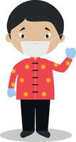 Character from Singapore dressed in the traditional way and with surgical mask and latex gloves as protection against a health emergency vector