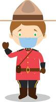 Character from Canada dressed in the traditional way as a Mounted Policeman and with surgical mask and latex gloves as protection against a health emergency vector