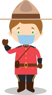 Character from Canada dressed in the traditional way as a Mounted Policeman and with surgical mask and latex gloves as protection against a health emergency