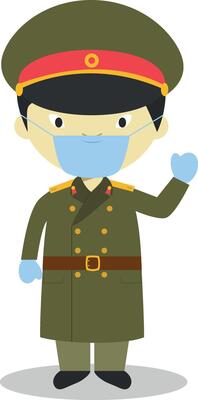 Character from North Korea dressed in the traditional way as a military and with surgical mask and latex gloves as protection against a health emergency