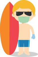 Character from Australia dressed in the traditional way as a surfer with his surfboard and with surgical mask and latex gloves as protection against a health emergency vector