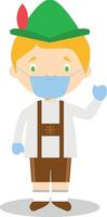 Character from Germany dressed in the traditional Bavarian way and with surgical mask and latex gloves as protection against a health emergency vector