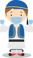 Character from Greece dressed in the traditional way as a Sirtaki dancer and with surgical mask and latex gloves as protection against a health emergency vector