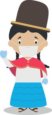Character from Bolivia dressed in the traditional way and with surgical mask and latex gloves as protection against a health emergency