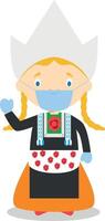 Character from Holland or Netherlands dressed in the traditional way and with surgical mask and latex gloves as protection against a health emergency vector