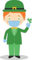 Character from Ireland dressed in the traditional way with a clover and with surgical mask and latex gloves as protection against a health emergency vector