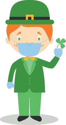 Character from Ireland dressed in the traditional way with a clover and with surgical mask and latex gloves as protection against a health emergency
