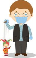 Puppeteer with typical puppet in Czech Republic and with surgical mask and latex gloves as protection against a health emergency vector
