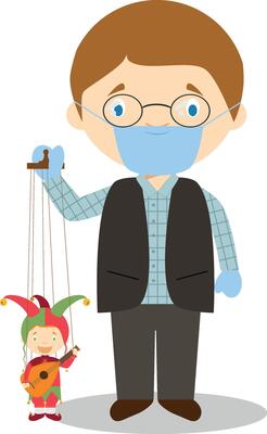 Puppeteer with typical puppet in Czech Republic and with surgical mask and latex gloves as protection against a health emergency