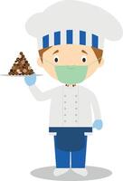 Pastry Chef Character with chocolates typical of Belgium and with surgical mask and latex gloves as protection against a health emergency vector