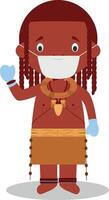 Character from Angola-Himba Tribe dressed in the traditional way and with surgical mask and latex gloves as protection against a health emergency vector