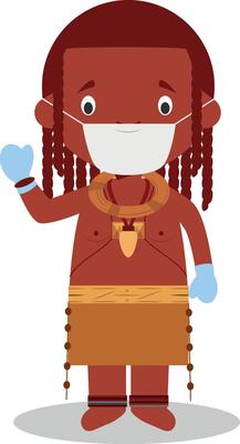 Character from Angola-Himba Tribe dressed in the traditional way and with surgical mask and latex gloves as protection against a health emergency