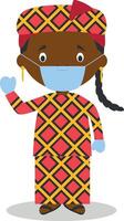 Character from Mali or Central Africa dressed in the traditional way and with surgical mask and latex gloves as protection against a health emergency vector