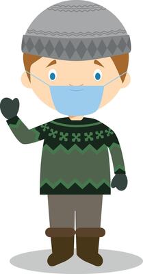 Character from Iceland dressed in the traditional way with the typical lopapeysa sweater and with surgical mask and latex gloves as protection against a health emergency