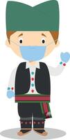 Character from Serbia dressed in the traditional way and with surgical mask and latex gloves as protection against a health emergency vector