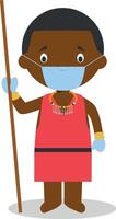 Character from Kenya dressed in the traditional way of the Masai tribe and with surgical mask and latex gloves as protection against a health emergency vector