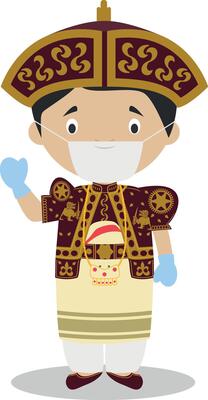 Character from Sri Lanka dressed in the traditional wedding way and with surgical mask and latex gloves as protection against a health emergency