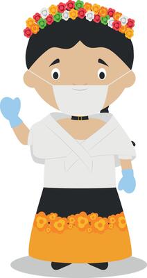 Character from Philippines dressed in the traditional way and with surgical mask and latex gloves as protection against a health emergency