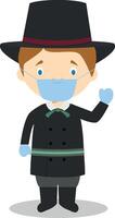 Character from Latvia dressed in the traditional way and with surgical mask and latex gloves as protection against a health emergency vector
