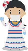Character from Dominican Republic dressed in the traditional way and with surgical mask and latex gloves as protection against a health emergency vector