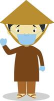 Character from Vietnam dressed in the traditional way and with surgical mask and latex gloves as protection against a health emergency vector