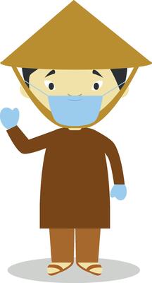 Character from Vietnam dressed in the traditional way and with surgical mask and latex gloves as protection against a health emergency