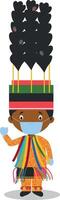 Character from Saint Kitts and Nevis dressed in the traditional way for carnival and with surgical mask and latex gloves as protection against a health emergency vector