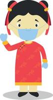 Character from China dressed in the traditional way and with surgical mask and latex gloves as protection against a health emergency vector