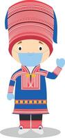 Character from Lapland dressed in the traditional way and with surgical mask and latex gloves as protection against a health emergency vector