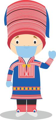 Character from Lapland dressed in the traditional way and with surgical mask and latex gloves as protection against a health emergency