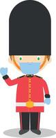 Character from England. Royal Guard boy dressed in the traditional way and with surgical mask and latex gloves as protection against a health emergency vector
