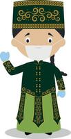 Character from Uzbekistan dressed in the traditional way and with surgical mask and latex gloves as protection against a health emergency vector