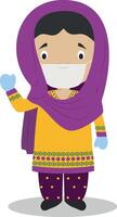 Character from Pakistan dressed in the traditional way and with surgical mask and latex gloves as protection against a health emergency vector
