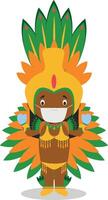 Character from Brazil dressed in the traditional way as a Carnival dancer and with surgical mask and latex gloves as protection against a health emergency vector