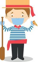 Character from Italy dressed in the traditional way as a Venice gondolier eating pizza and with surgical mask and latex gloves as protection against a health emergency vector