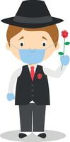 Character from Argentina dressed in the traditional way as a tango dancer and with surgical mask and latex gloves as protection against a health emergency vector